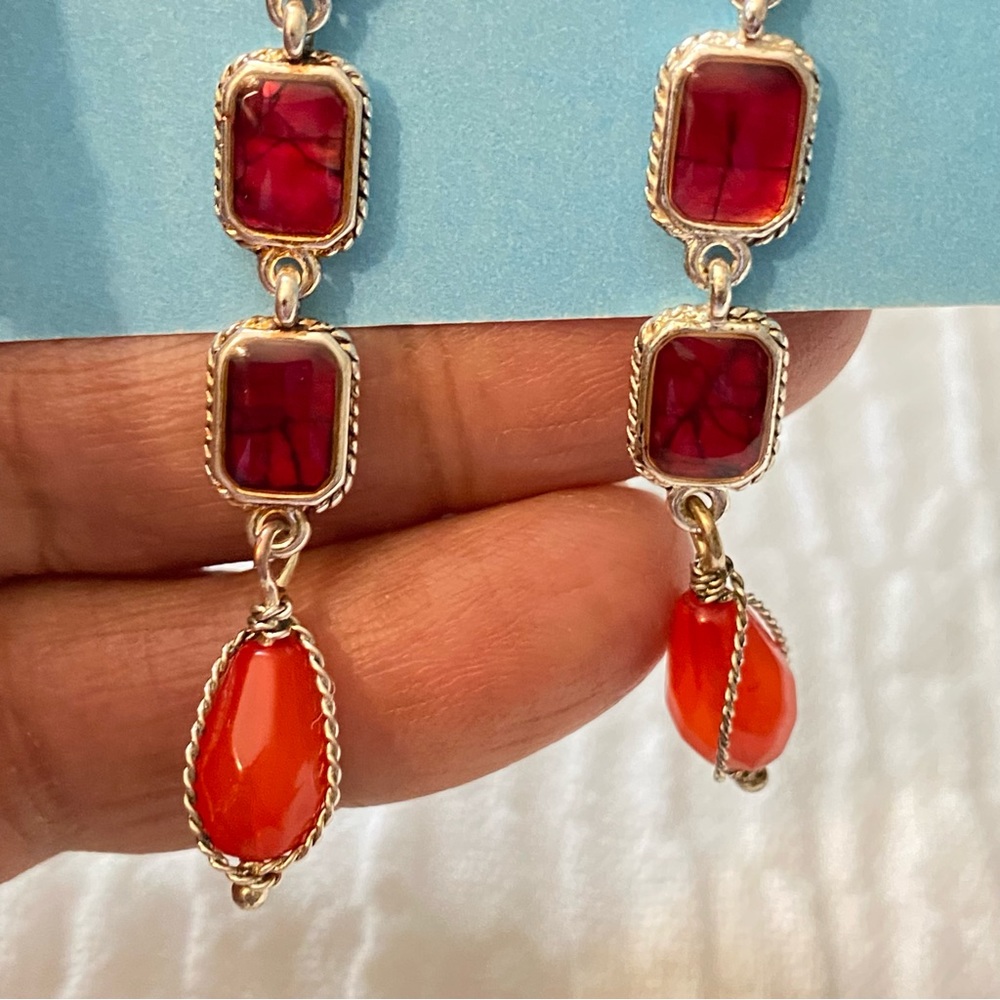 Liz Claiborne Silver Tone Simulated Red Stone Dangle Earings